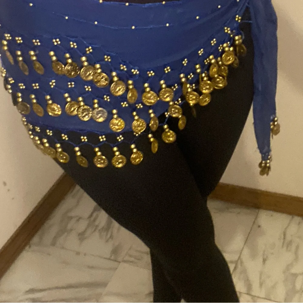 Blue Belly Dance Hip Scarf with Faux Gold Coins - Picture 2 of 2